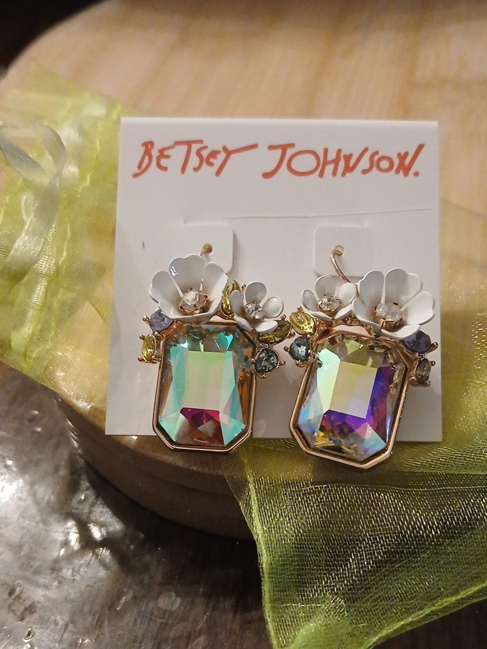 Betsey Johnson Multicolor Iridescent Crystal Flower Drop Earrings - Gold Tone
